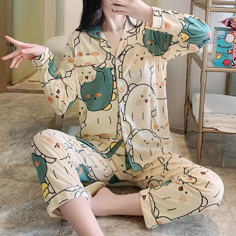 春季新品女士睡衣开衫长袖长裤牛奶丝卡通可爱家居服泰国外贸批发