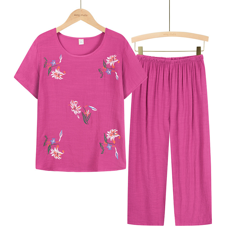 Two-piece summer women's wear set for middle-aged and elderly people: Casual mom's set, new short-sleeved T-shirt for 50-60 seniors, grandma's wear Item Picture