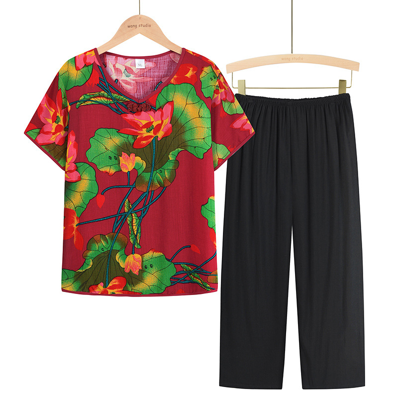 Mom's summer new plus-size women's set, short-sleeved T-shirt, loose cotton and linen top for middle-aged and elderly women's wear, two-piece set