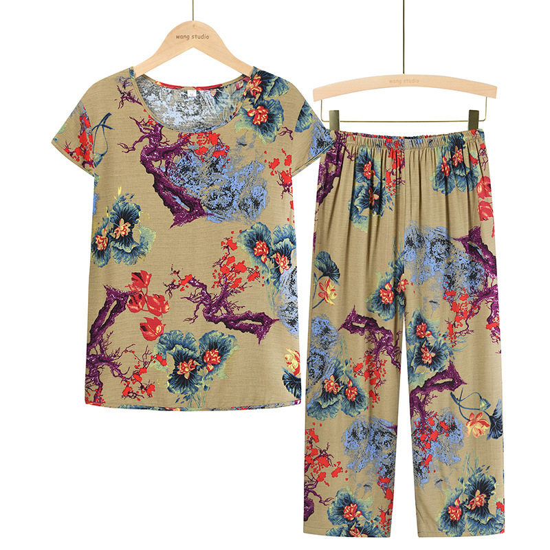 Summer short-sleeved printed top for women, two-piece set for mothers, 60-year-old clothes for grandmothers