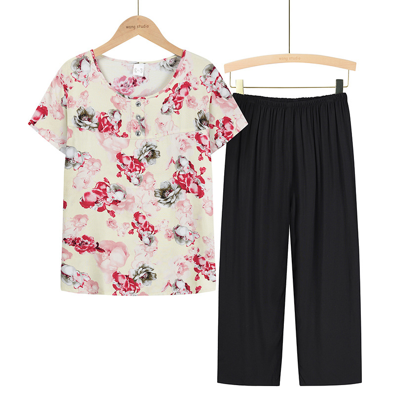 Summer new women's wear for middle-aged and elderly people, mom's short-sleeved T-shirt set, two-piece casual top set for middle-aged people aged 40-60 Specification image