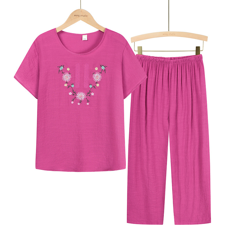 A loose, large-sized short-sleeved T-shirt for middle-aged and elderly women, a two-piece casual set of tops and pants for grandmothers