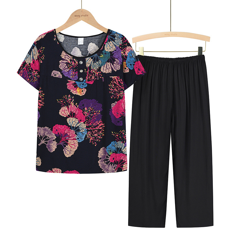 Summer new women's wear for middle-aged and elderly people, mom's short-sleeved T-shirt set, two-piece casual top set for middle-aged people aged 40-60 details Picture