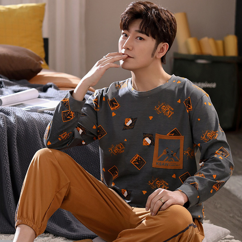 Men's pajamas for spring and autumn: Korean long-sleeved knitted, round neck, pullover, casual teenagers' home wear set Application Scenario