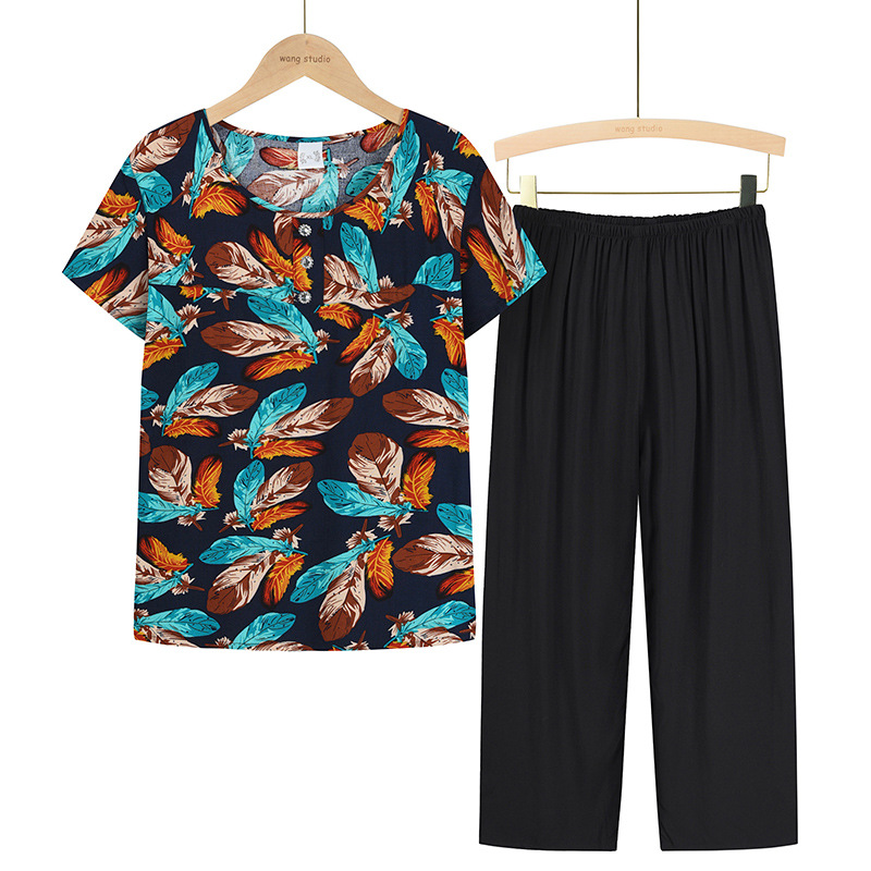 Summer new women's wear for middle-aged and elderly people, mom's short-sleeved T-shirt set, two-piece casual top set for middle-aged people aged 40-60 Item Picture