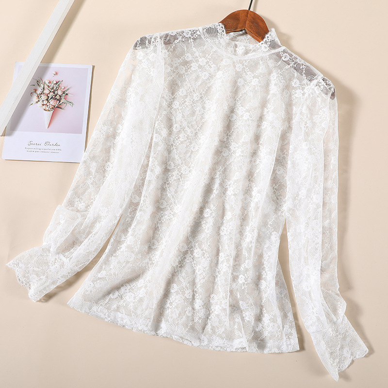Lace base layer, spring style women's long-sleeved top, paired with a plate-sized top on chiffon, stylish and slimming, loose and plump girl French women's wear details Picture