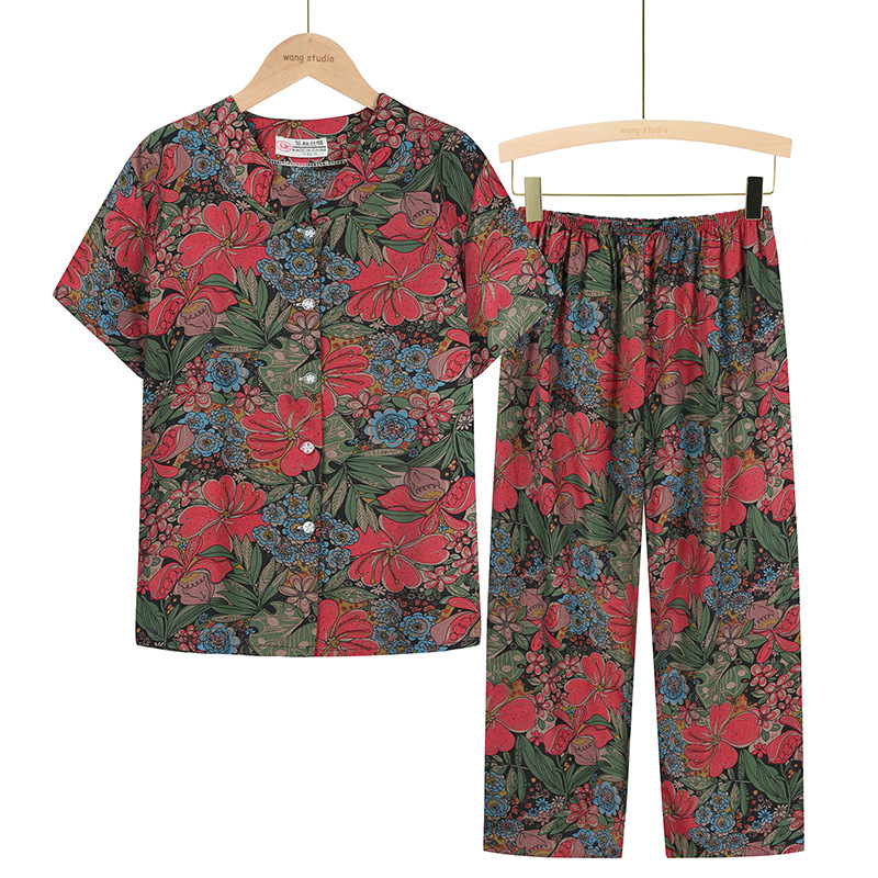 Summer set for middle-aged and elderly women, two-piece printed short-sleeved T-shirt for mothers, and casual top for grandmothers aged 40 to 60