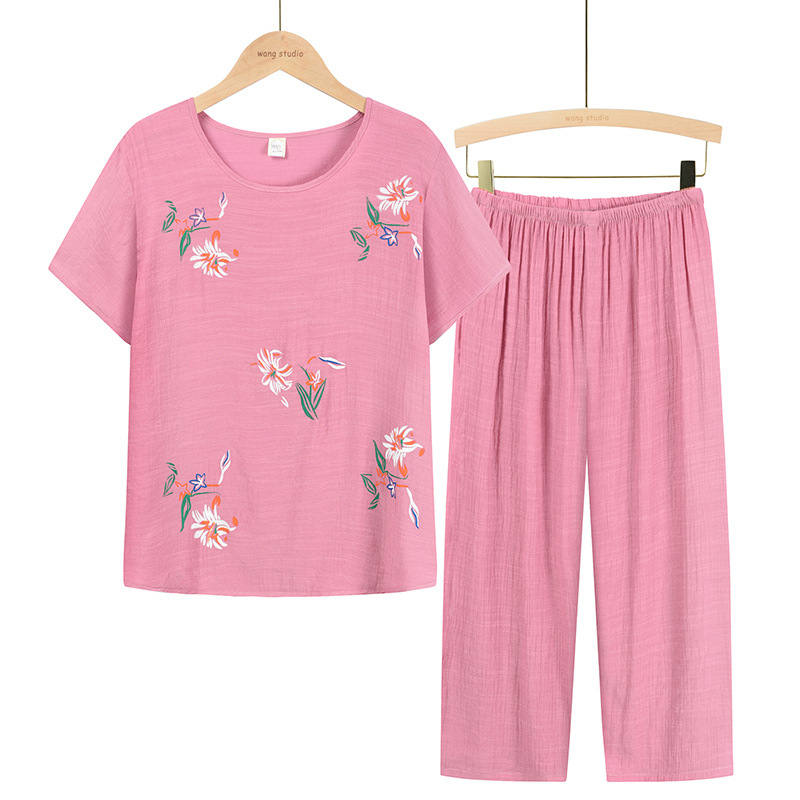 Two-piece summer women's wear set for middle-aged and elderly people: Casual mom's set, new short-sleeved T-shirt for 50-60 seniors, grandma's wear Specification image