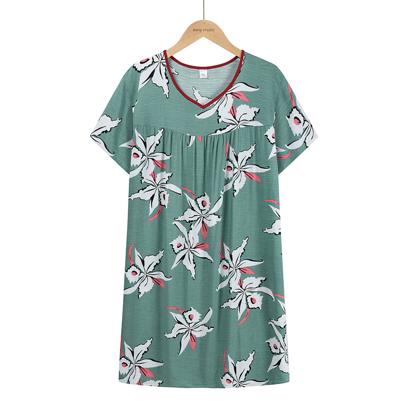 中年女妈妈夏装连衣裙中老年短袖印花裙子2021年新款洋气大码上衣