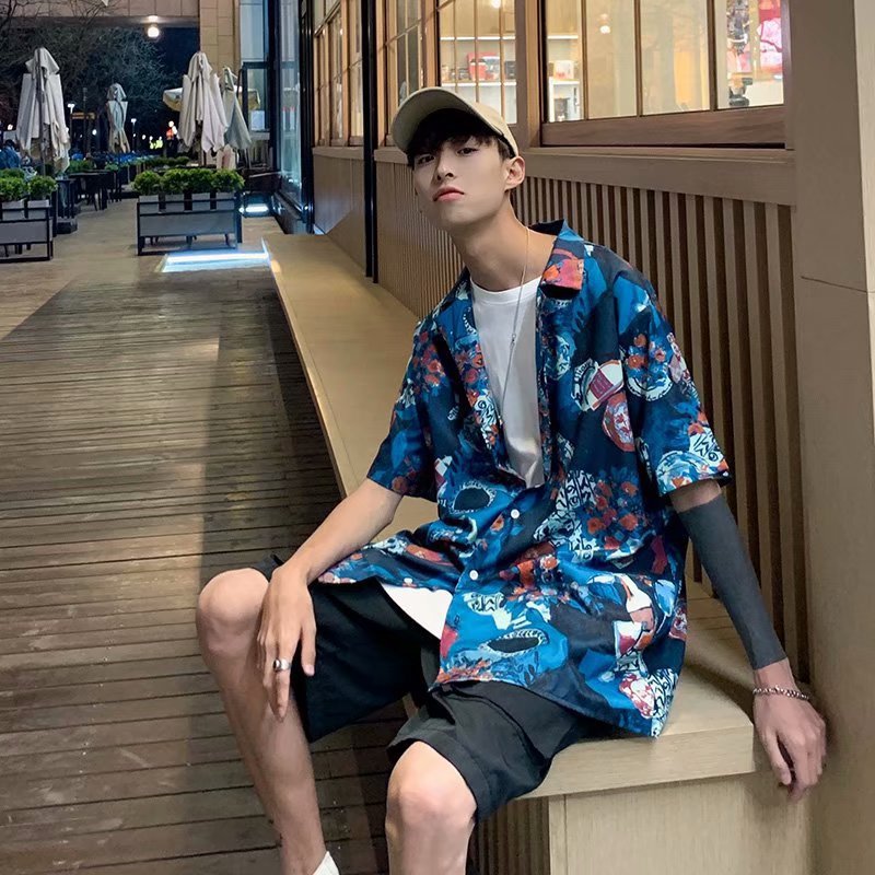 Loose short-sleeved shirt on Instagram, Hawaiian Korean style beach flower shirt, couple beach vacation top for men and women details Picture