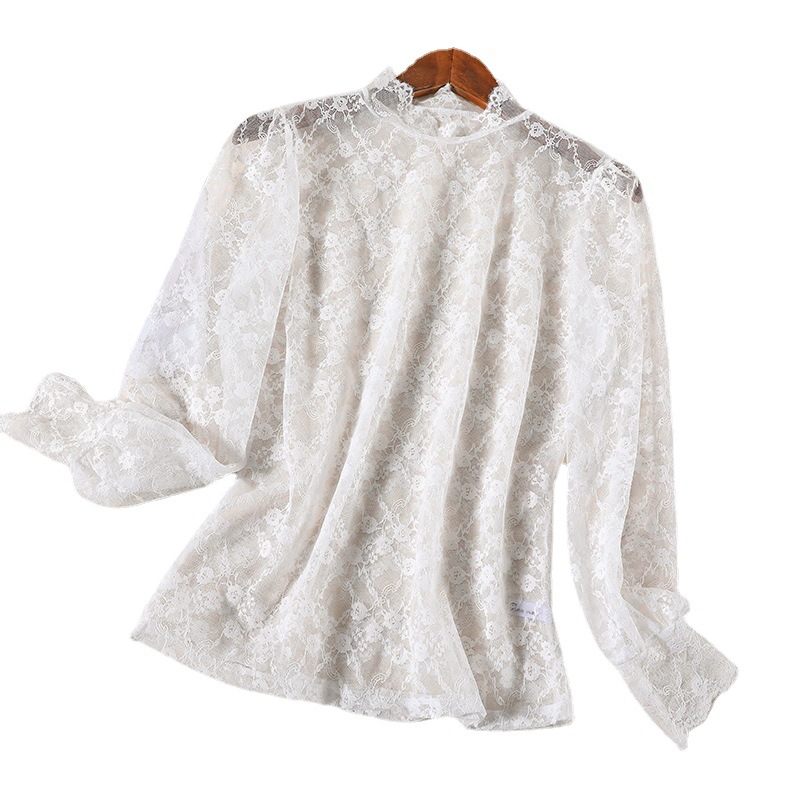 Lace base layer, spring style women's long-sleeved top, paired with a plate-sized top on chiffon, stylish and slimming, loose and plump girl French women's wear Item Picture