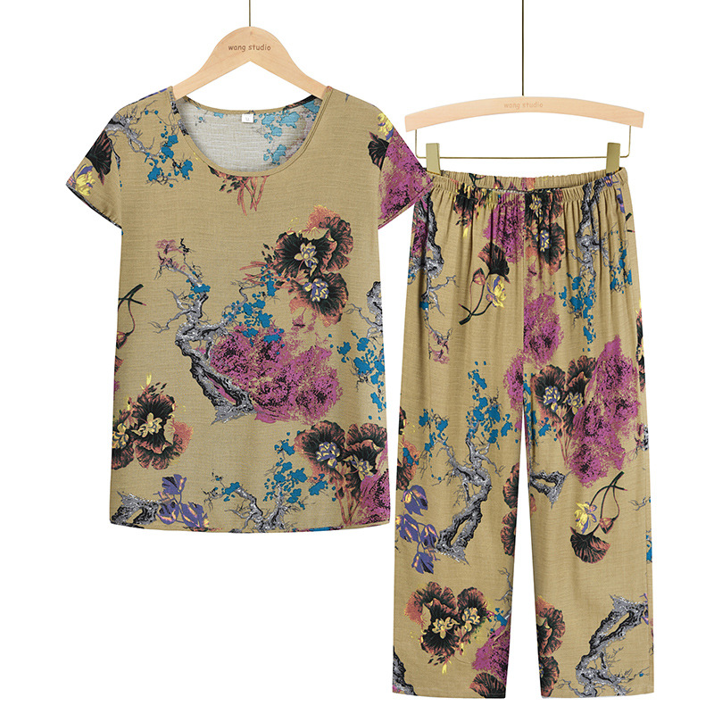 Summer short-sleeved printed top for women, two-piece set for mothers, 60-year-old clothes for grandmothers Specification image