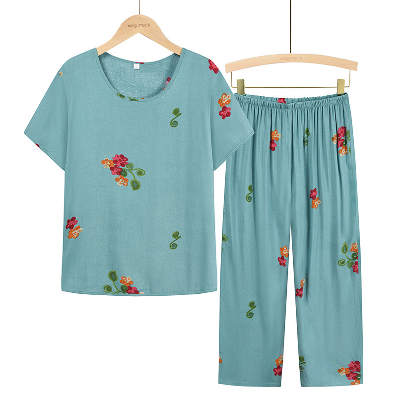 Summer women's clothing set for middle-aged and elderly people, cotton and linen short-sleeved two-piece, loose and large-sized mom's dress embroidered summer top set Item Picture