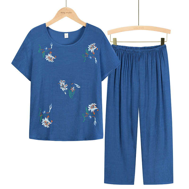 Two-piece summer women's wear set for middle-aged and elderly people: Casual mom's set, new short-sleeved T-shirt for 50-60 seniors, grandma's wear