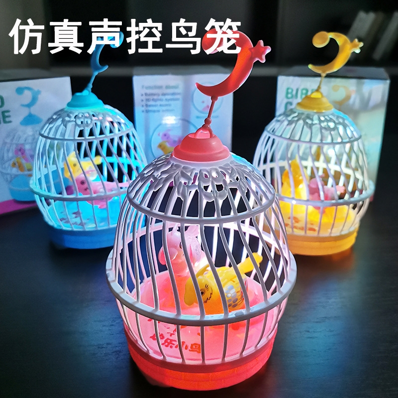 New simulation voice-controlled birdcage, electric sensing light, mini birdcage, creative dual-bird street stall night market supply full figure