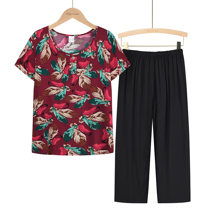 Summer new women's wear for middle-aged and elderly people, mom's short-sleeved T-shirt set, two-piece casual top set for middle-aged people aged 40-60