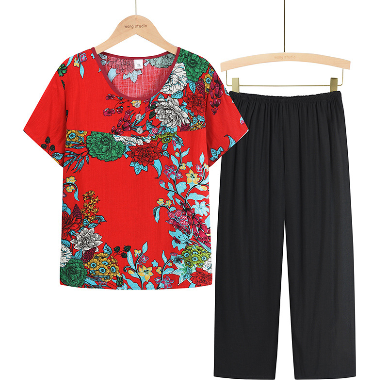 Two-piece summer suit for middle-aged and elderly women, summer set for mothers, new short-sleeved T-shirt top for 50-60 years old Specification image