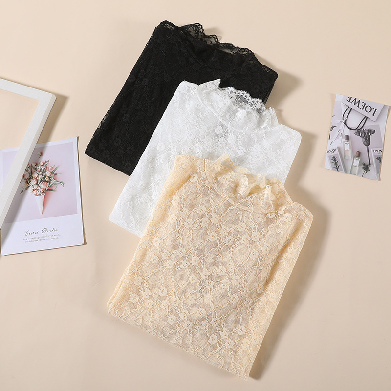 Lace base layer, spring style women's long-sleeved top, paired with a plate-sized top on chiffon, stylish and slimming, loose and plump girl French women's wear Application Scenario