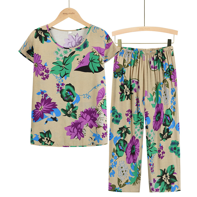 Summer short-sleeved printed top for women, two-piece set for mothers, 60-year-old clothes for grandmothers details Picture