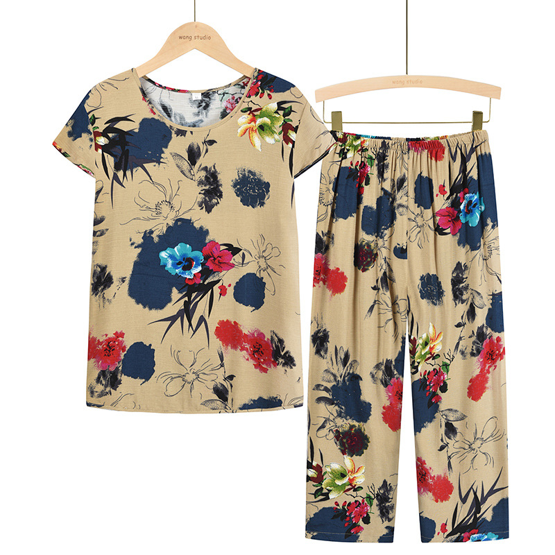 Summer short-sleeved printed top for women, two-piece set for mothers, 60-year-old clothes for grandmothers Item Picture