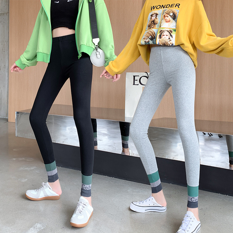 Spring and autumn thin cotton patchwork tight-fitting pants with tight cuffs, wearing elastic high-waisted slimming pants on the outside, popular small-leg pants and large-sized long Johns