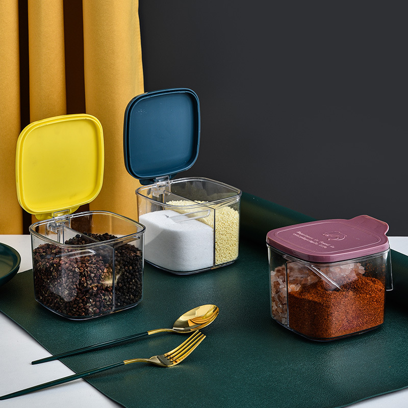 35823 Room Seasoning Box 2-compartment integrated Nordic household creative sugar, salt, monosodium glutamate seasoning storage box with lid seasoning box