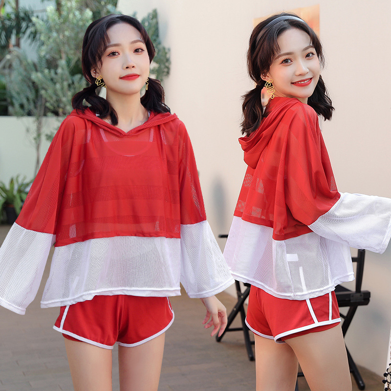 Women's swimsuit three-piece set, sporty style, student small chest, loose, sun protection, belly covering, slimming, hot spring swimming suit details Picture