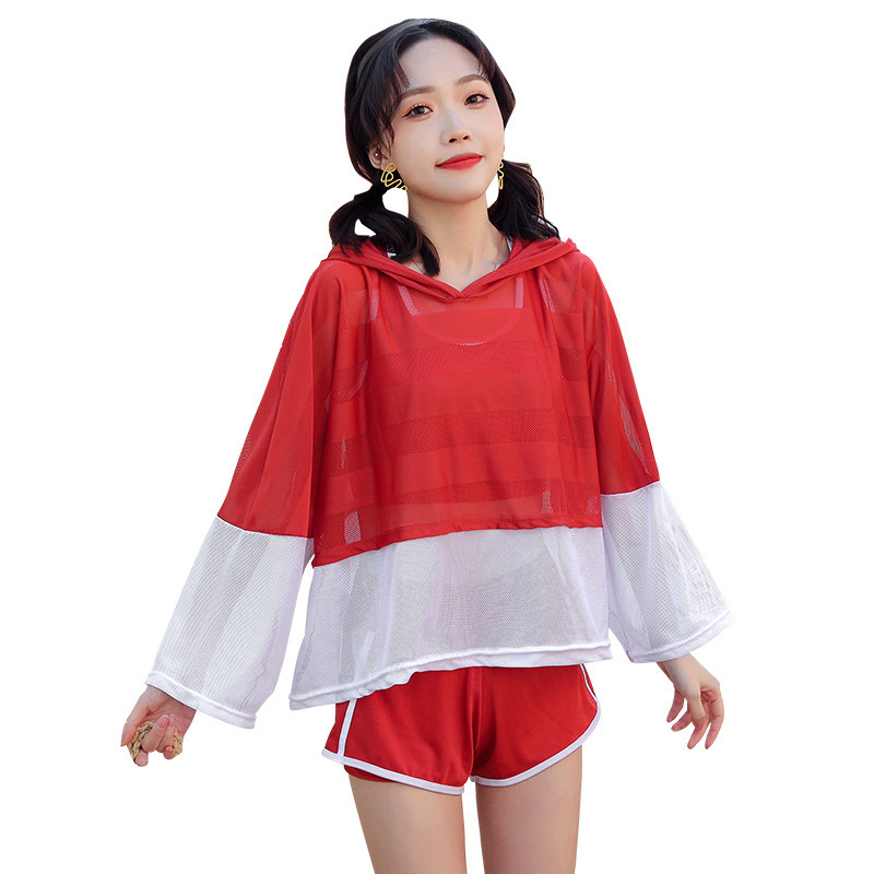 Women's swimsuit three-piece set, sporty style, student small chest, loose, sun protection, belly covering, slimming, hot spring swimming suit Item Picture