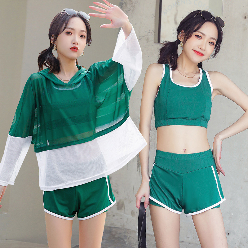 Women's swimsuit three-piece set, sporty style, student small chest, loose, sun protection, belly covering, slimming, hot spring swimming suit