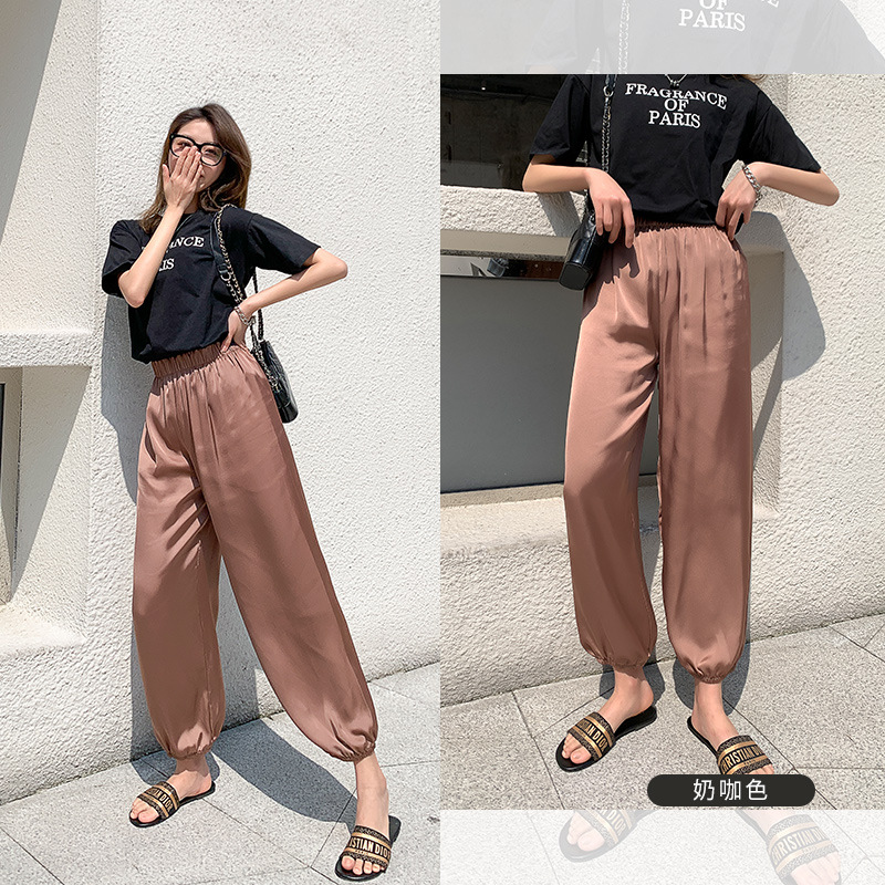 Thin and slippery trousers women retro shake shake trousers satin feel pendant knickerbockers high waist loose harness feet increase the size of leisure