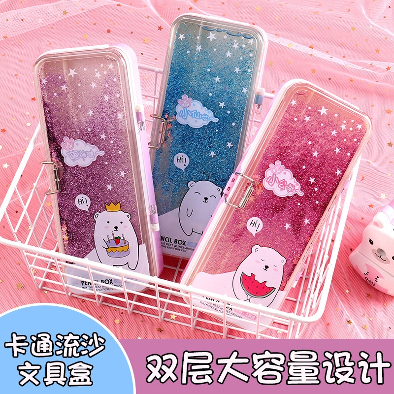 New type of sand pencil box, multi-functional double-layer plastic pencil case for primary school students, anti-drop large-capacity pencil case full figure