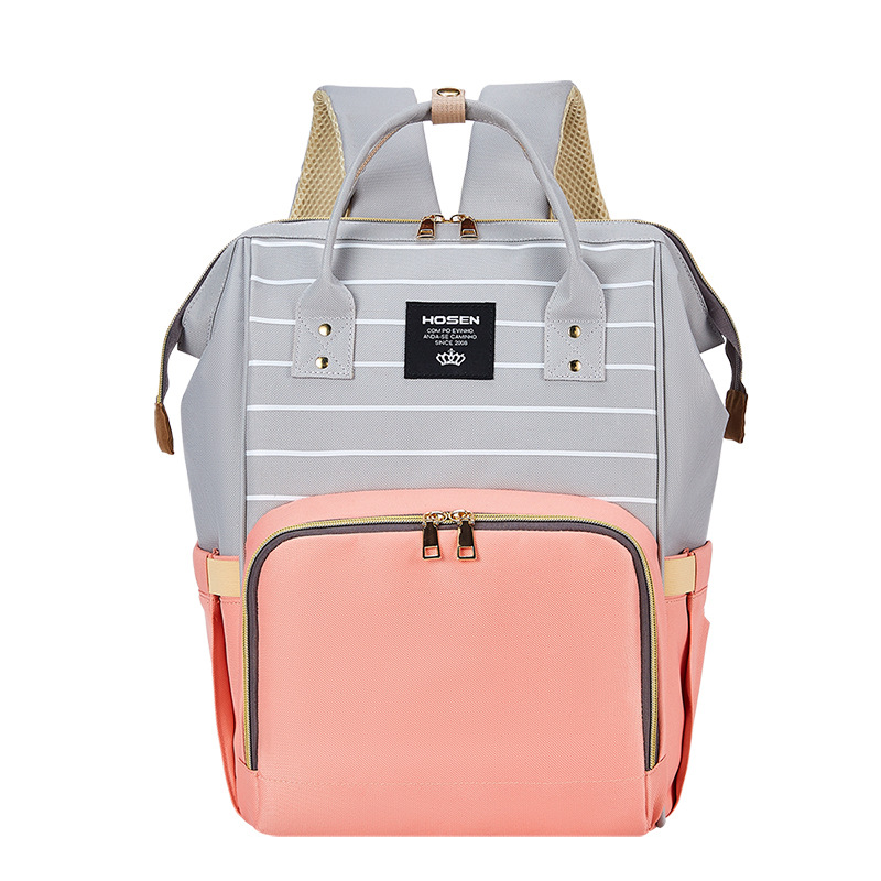 The 2021 new simple and fashionable striped mother and baby backpack can be hung on a stroller, a multi-functional mom bag, and a large-capacity maternity bag Item Picture
