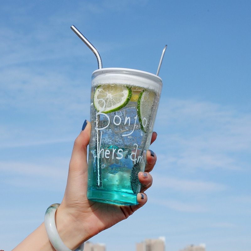 2022 New style water cup with straw, cute, portable, heat-resistant and explosion-proof transparent glass cup, girlish cup for students full figure