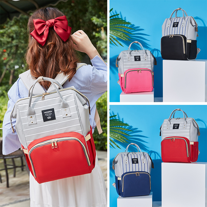 The 2021 new simple and fashionable striped mother and baby backpack can be hung on a stroller, a multi-functional mom bag, and a large-capacity maternity bag details Picture