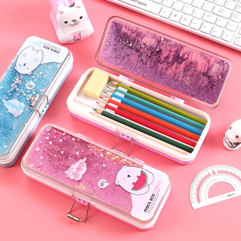 New type of sand pencil box, multi-functional double-layer plastic pencil case for primary school students, anti-drop large-capacity pencil case details Picture