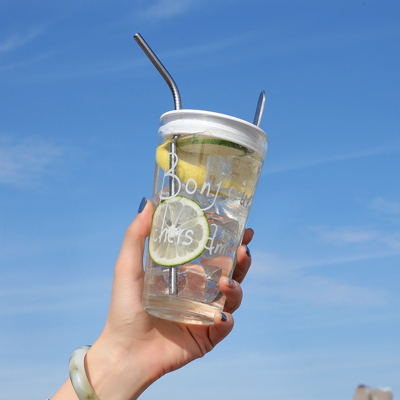 2022 New style water cup with straw, cute, portable, heat-resistant and explosion-proof transparent glass cup, girlish cup for students details Picture