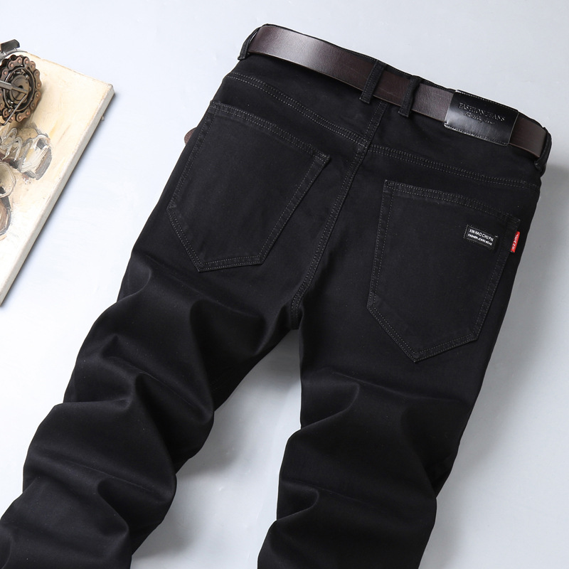 Spring and autumn pure black jeans for men, fashionable men's style, stretch and slim, trendy young straight long pants