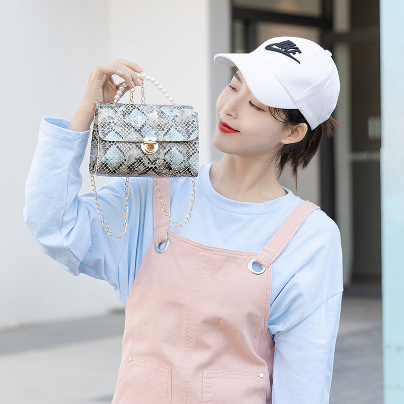 Women's bag2021 New Snake-patterned pearl hand-held chain small square bag, mobile phone bag, gift small bag Specification image