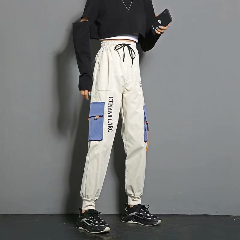 春秋季工装裤女显瘦高腰帅气宽松夏季休闲裤女潮小个子束脚运动裤