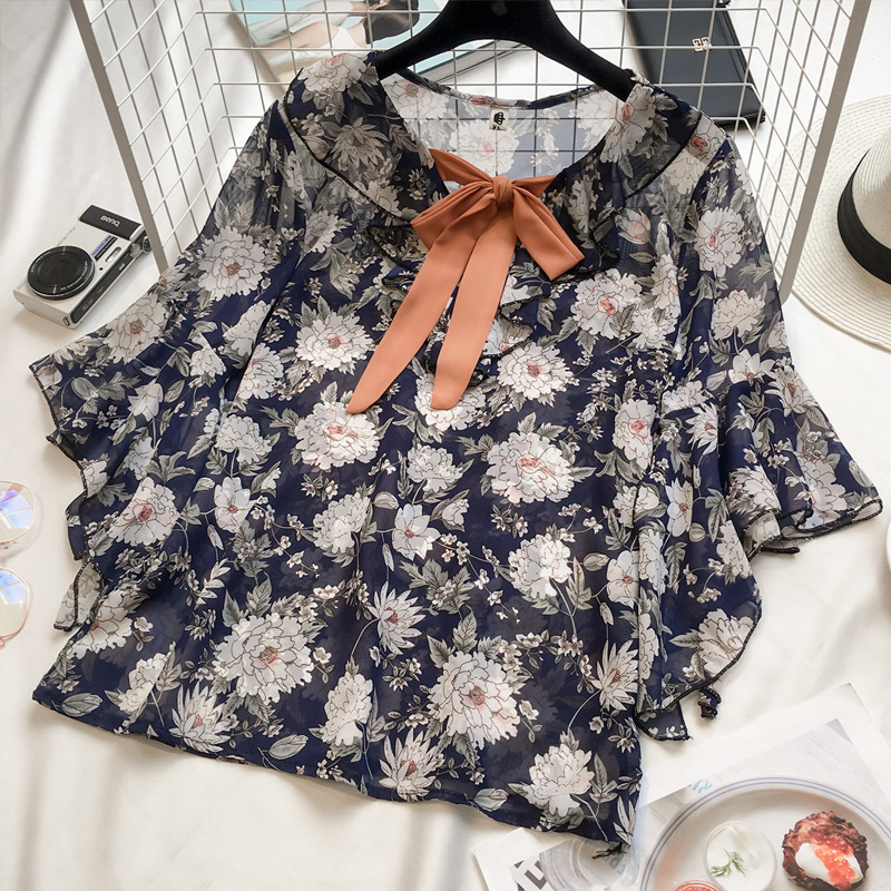 Summer new collection: A fresh and delicate floral chiffon blouse with a bow tie for women, a three-quarter sleeve ruffled top and a base layer for women Item Picture