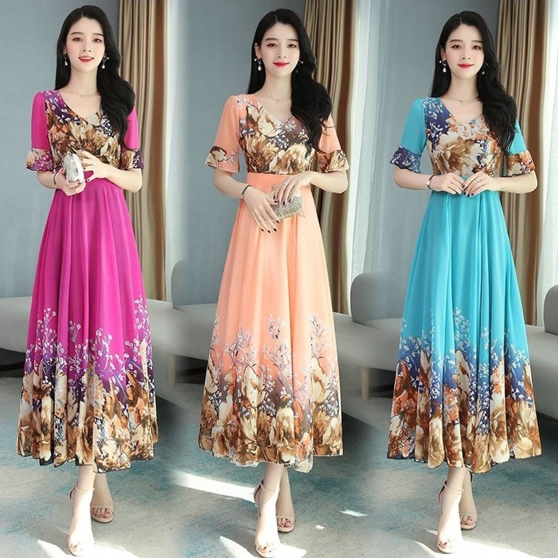 Cross-border bestseller floral print dress for women in summer, a new Korean-style women's dress with a printed and elegant short-sleeved long style