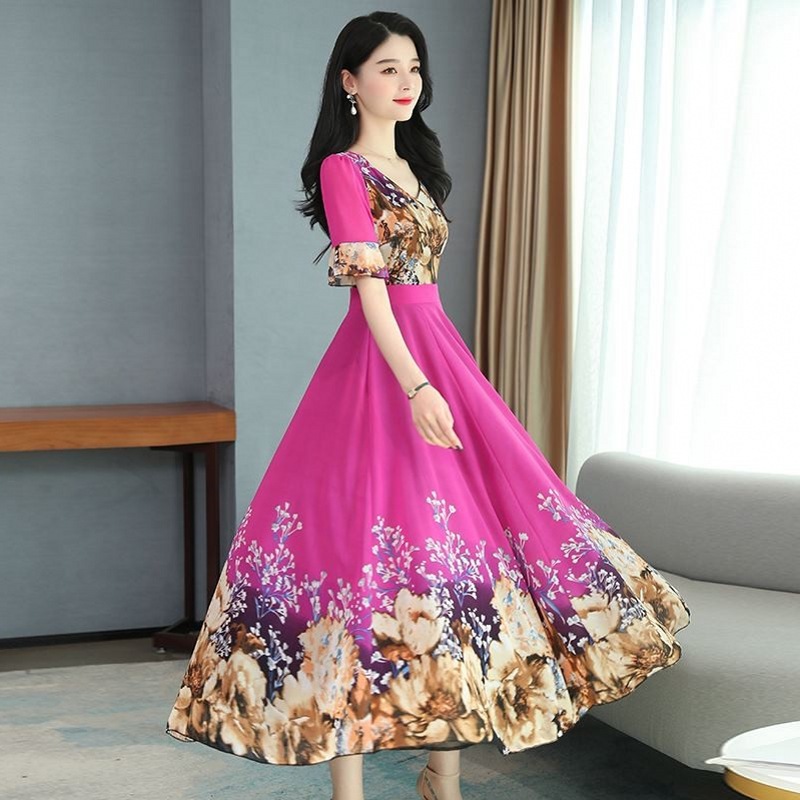 Cross-border bestseller floral print dress for women in summer, a new Korean-style women's dress with a printed and elegant short-sleeved long style details Picture