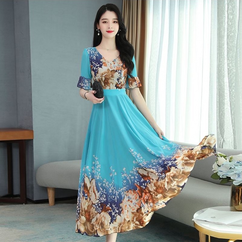 Cross-border bestseller floral print dress for women in summer, a new Korean-style women's dress with a printed and elegant short-sleeved long style Specification image
