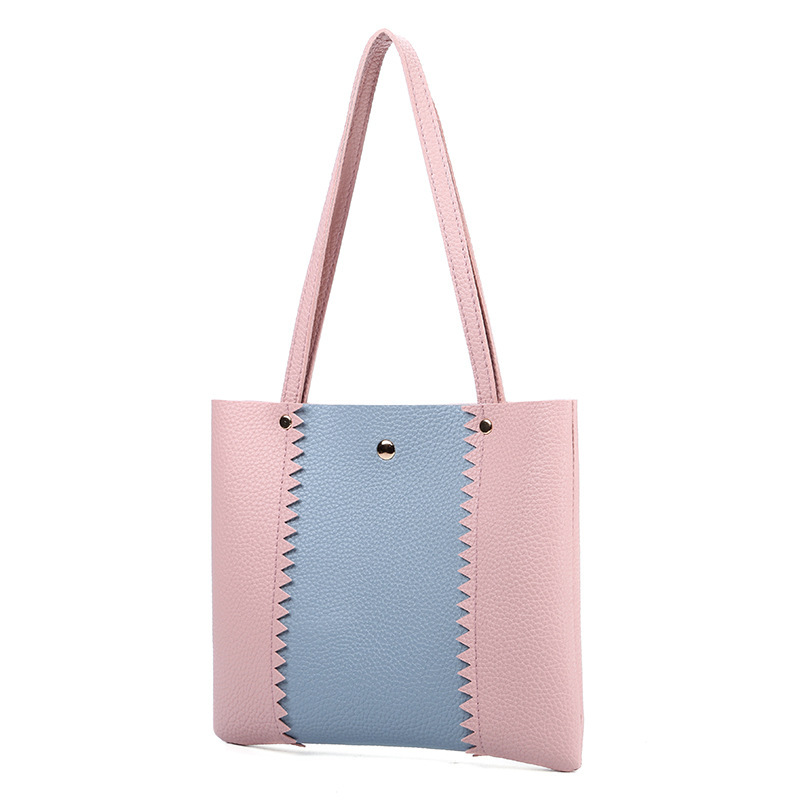 Women's bag 2021 New style lychee pattern contrasting color handbag, bucket bag, fashionable casual simple shopping bag, gift bag Item Picture