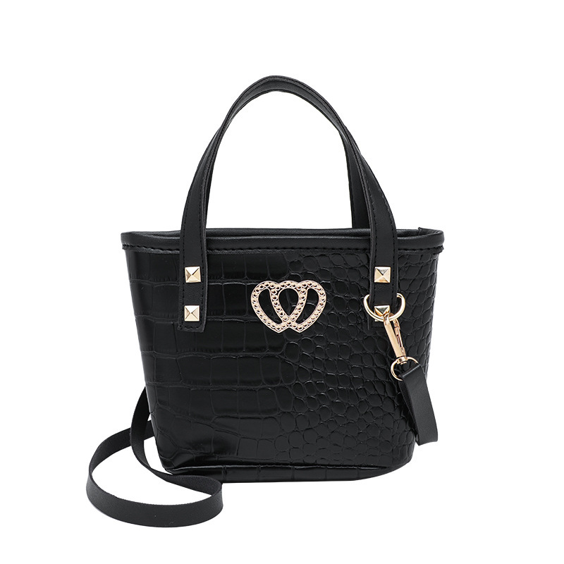 A new heart-shaped decorated crocodile pattern hand-held and shoulder bucket bag for women in 2020, a fashionable and casual mobile phone bag Item Picture