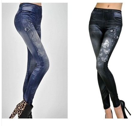 Korean fashion show slim slim imitation jeans small butterfly printed leggings imitation jeans