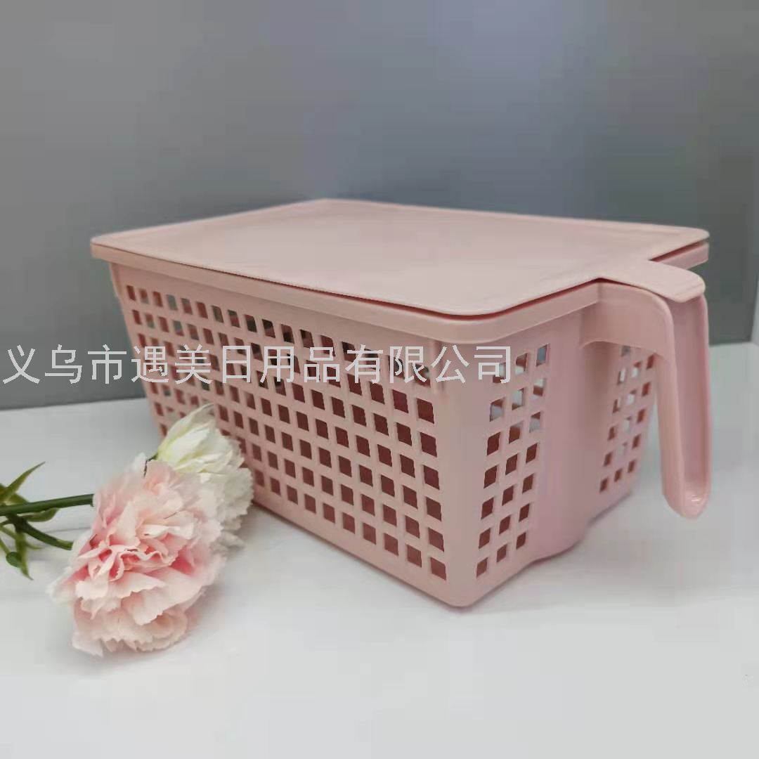 Desktop plastic storage basket, bedroom kitchen, bathroom cosmetics storage basket with handle, organizing and storage basket Specification image