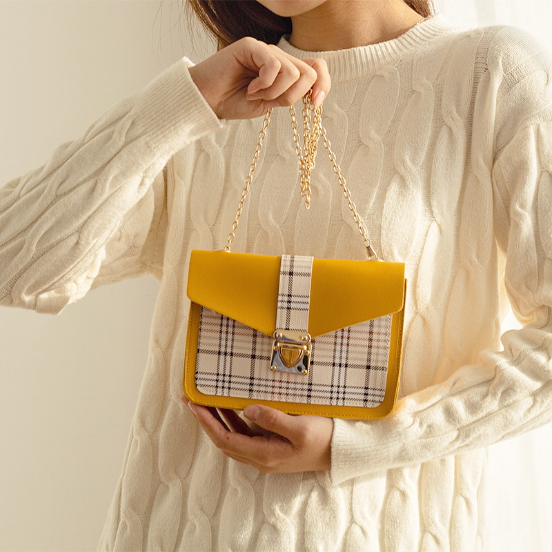 ladies hand bag 2021 New Style Checkered Contrasting Color Lock Chain Small Square Bag Gift Small bag Specification image