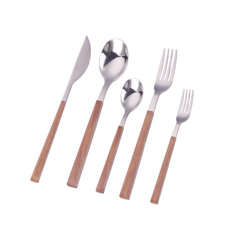 Customized new creative stainless steel imitation wooden handle tableware set for Western cuisine, steak knives and forks, coffee spoons and dessert spoons Item Picture