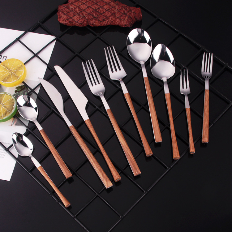 Customized new creative stainless steel imitation wooden handle tableware set for Western cuisine, steak knives and forks, coffee spoons and dessert spoons details Picture